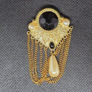 Vintage Gold Tone Black Cabochon Faux Pearl Dangle Chain Brooch Statement Pin